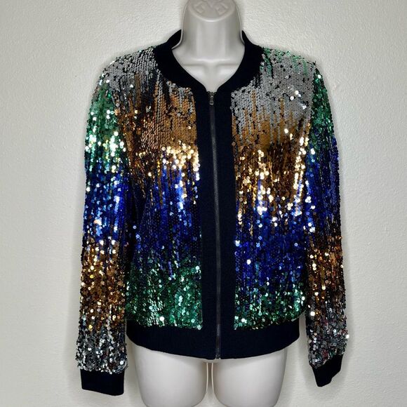 Starlette Multi Color Sequin Bomber Jacket Zip Front Lined Women Size Medium - Picture 14 of 14